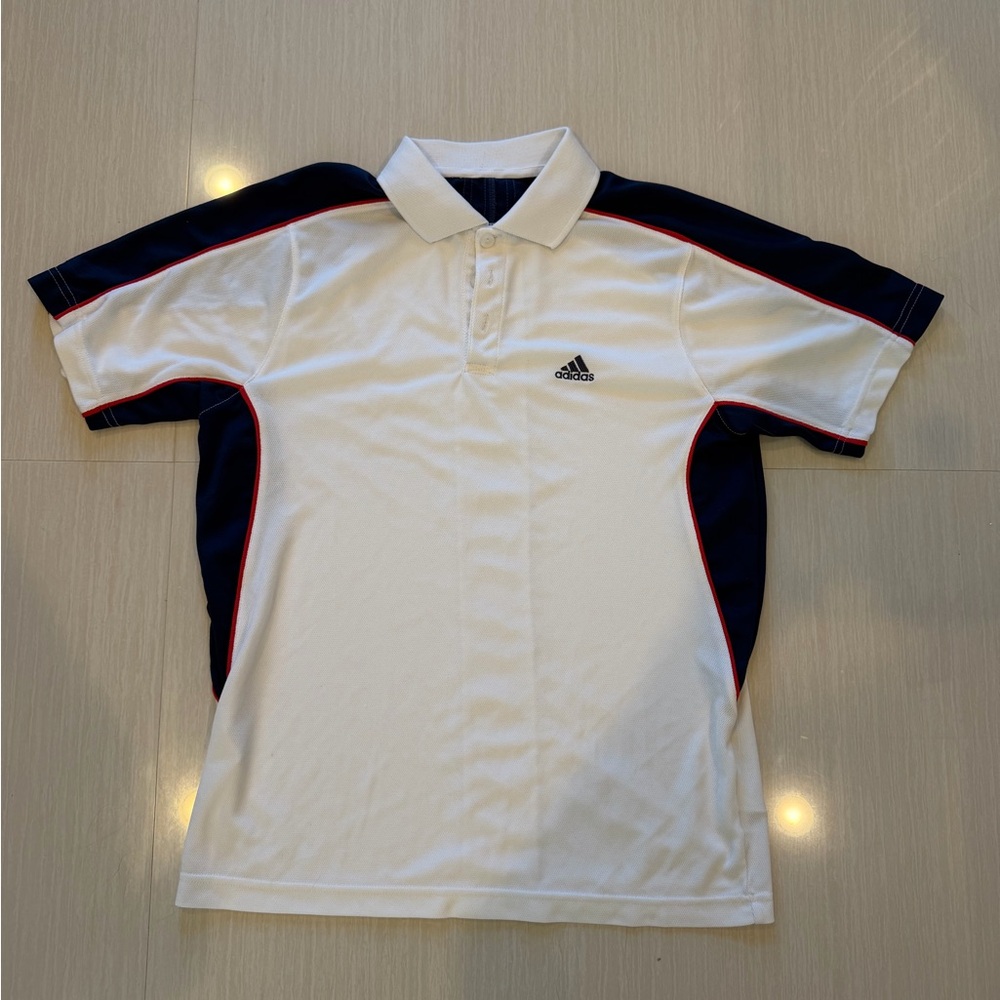 Men’s Adidas White and Blue Polo Golf Shirt Size L